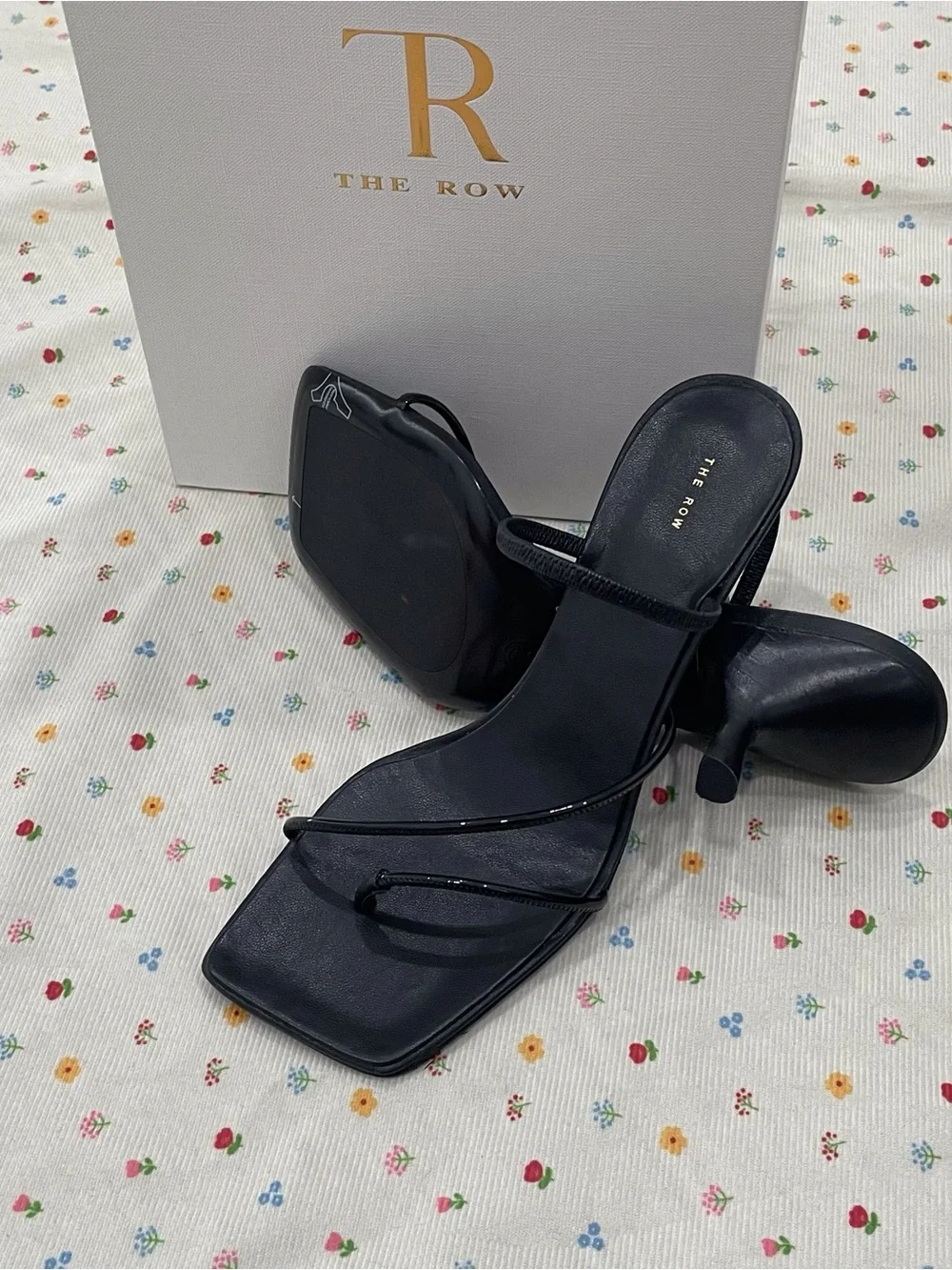 The Row Black Leather Square-Toe Strappy Slide Heels